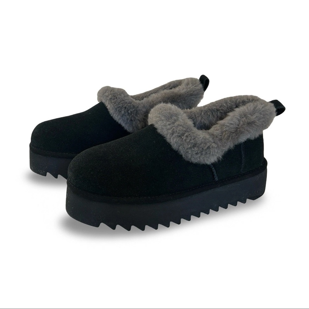 UGG Black Nita Platform Genuine Shearling Slippers with‎ Gray Fur Lining Size 8